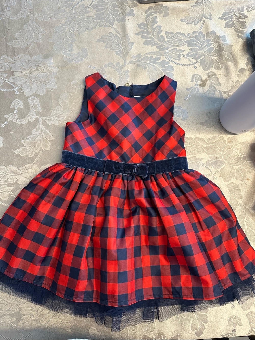 Cat & Jack Red and Navy Plaid Party Dress with Velvet Waistband